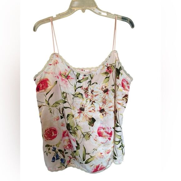 NY&Co. Silky Floral Lace Trim Spaghetti Strap Cami Top L - Picture 1 of 8